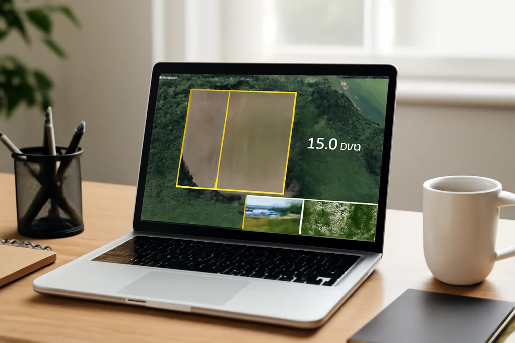 Wisconsin land listing shown on a laptop with piece map and property photos
